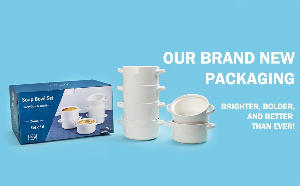 DELLING 6 Pack Soup Bowls with Handles, 24 Oz Large Serving Soup Bowl Set, Ceramic Soup Crocks for French Onion Soup, Cereal, Chilli, Stew, Microwave and Oven Safe, White