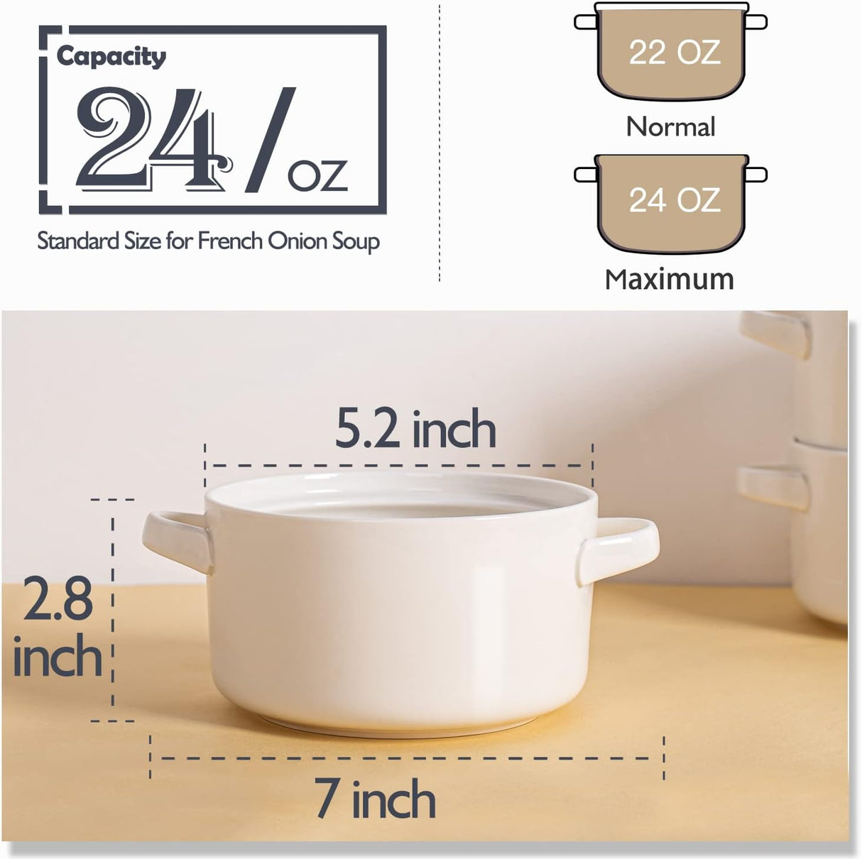DELLING 6 Pack Soup Bowls with Handles, 24 Oz Large Serving Soup Bowl Set, Ceramic Soup Crocks for French Onion Soup, Cereal, Chilli, Stew, Microwave and Oven Safe, White