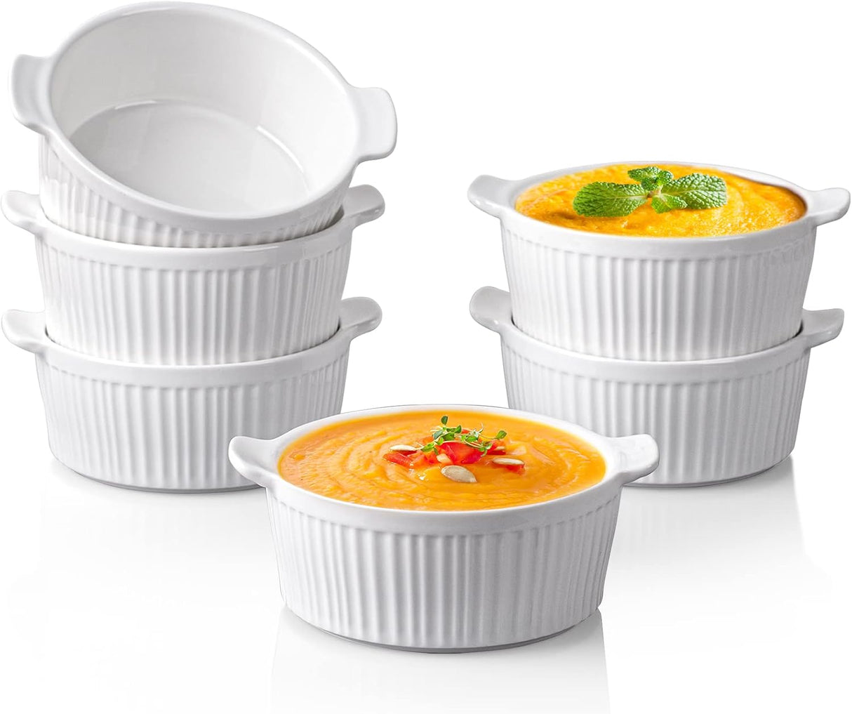 Delling Ramekins with Handle, 6 Pack Soup Bowls for French Onion Soup, Pot Pie, Lava Cakes, Creme Brulee, 12 oz Porcelain Souffle Dish for Baking,Oven