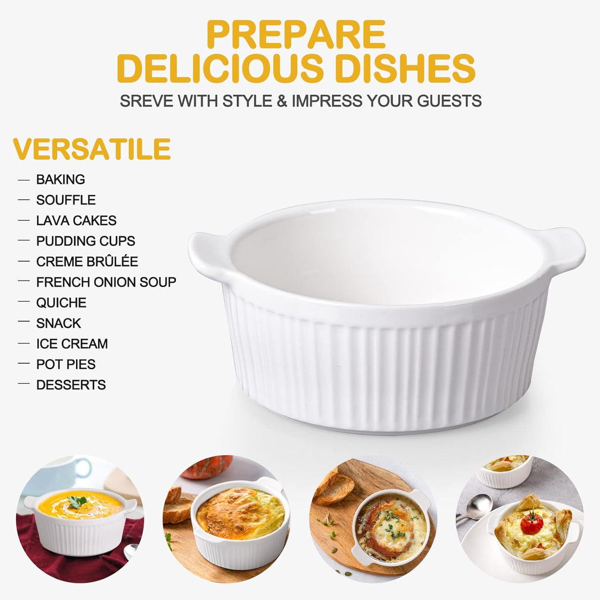 Delling Ramekins with Handle, 6 Pack Soup Bowls for French Onion Soup, Pot Pie, Lava Cakes, Creme Brulee, 12 oz Porcelain Souffle Dish for Baking,Oven