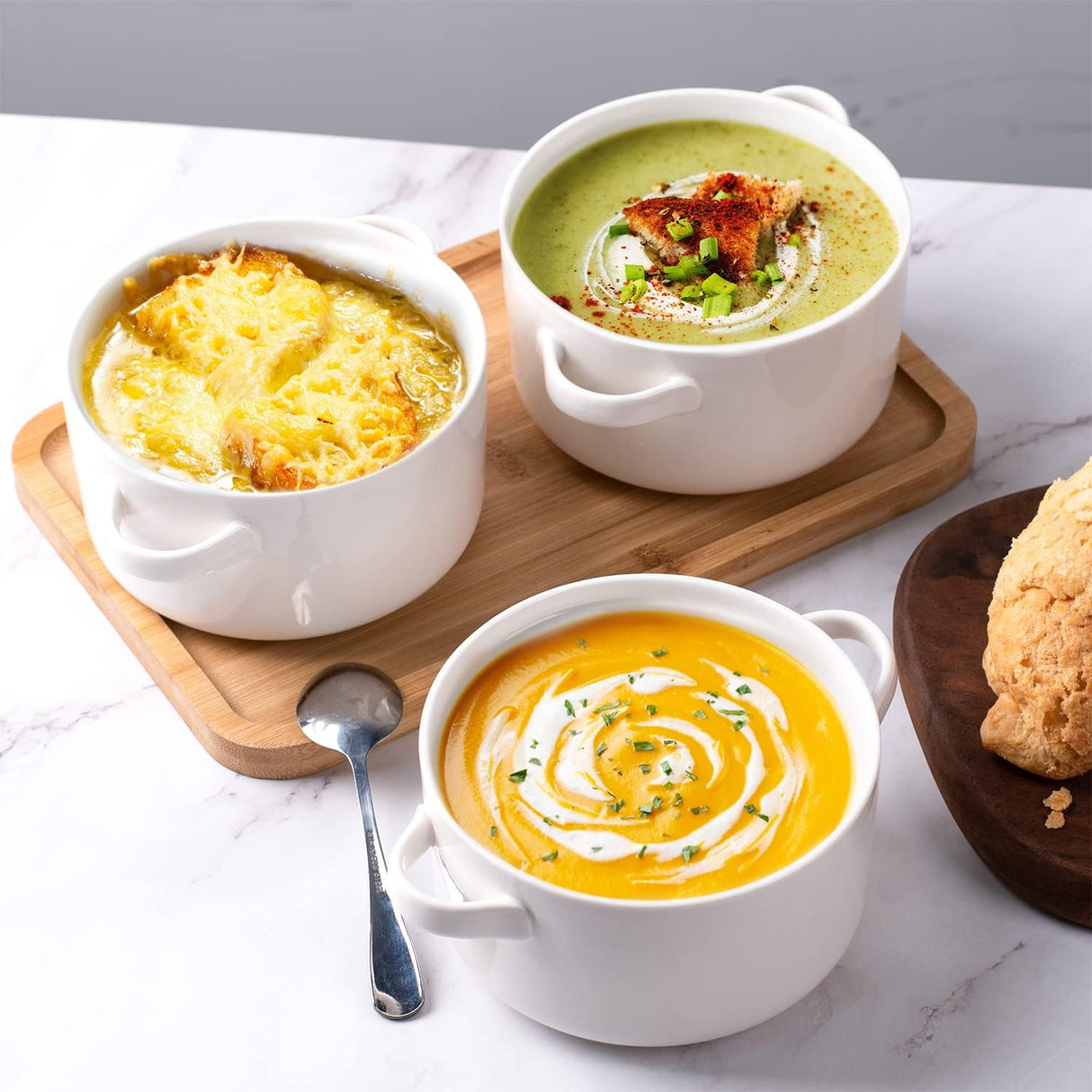 DELLING 6 Pack Soup Bowls with Handles, 24 Oz Large Serving Soup Bowl Set, Ceramic Soup Crocks for French Onion Soup, Cereal, Chilli, Stew, Microwave and Oven Safe, White