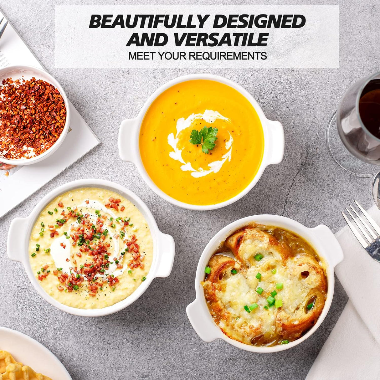 Delling Ramekins with Handle, 6 Pack Soup Bowls for French Onion Soup, Pot Pie, Lava Cakes, Creme Brulee, 12 oz Porcelain Souffle Dish for Baking,Oven
