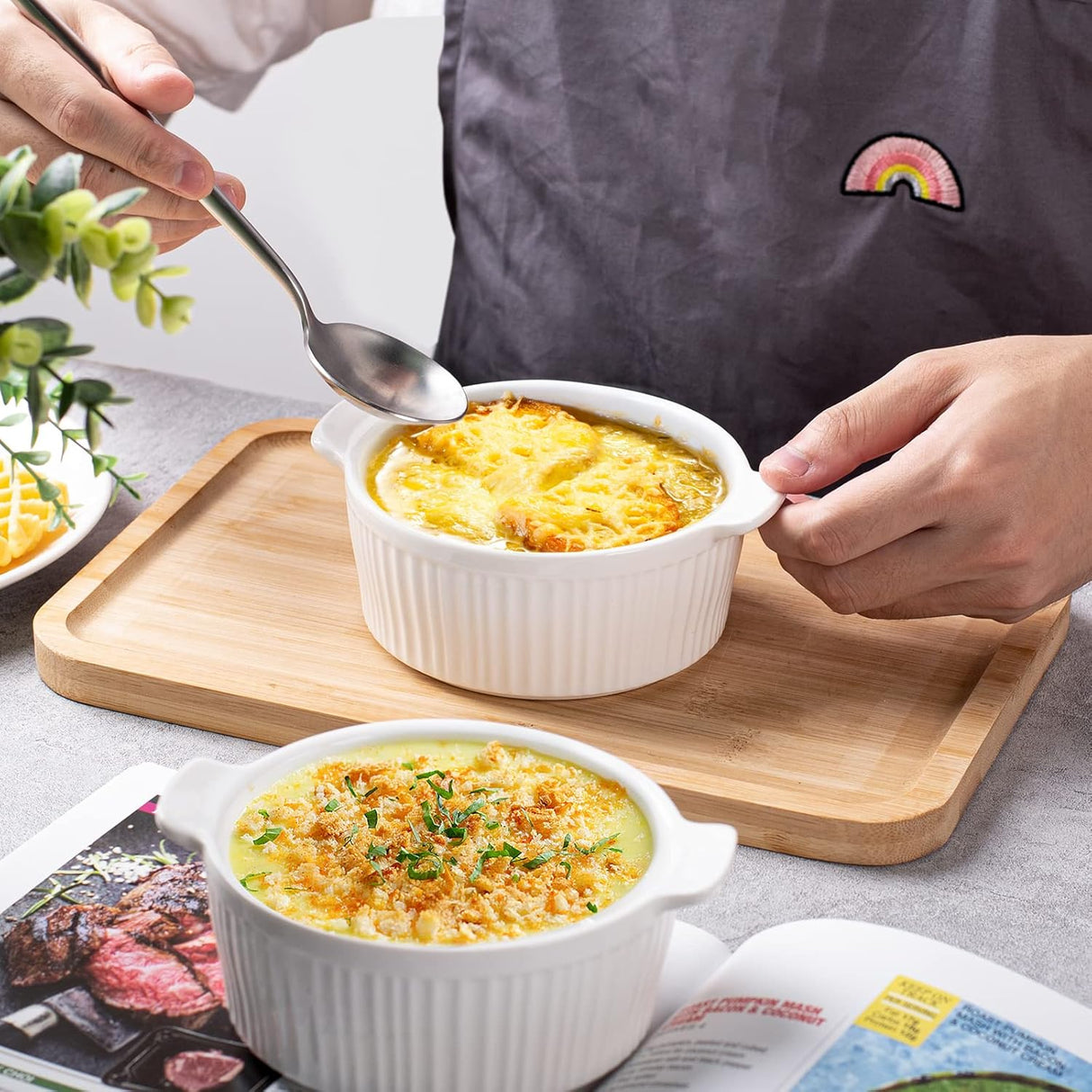 Delling Ramekins with Handle, 6 Pack Soup Bowls for French Onion Soup, Pot Pie, Lava Cakes, Creme Brulee, 12 oz Porcelain Souffle Dish for Baking,Oven