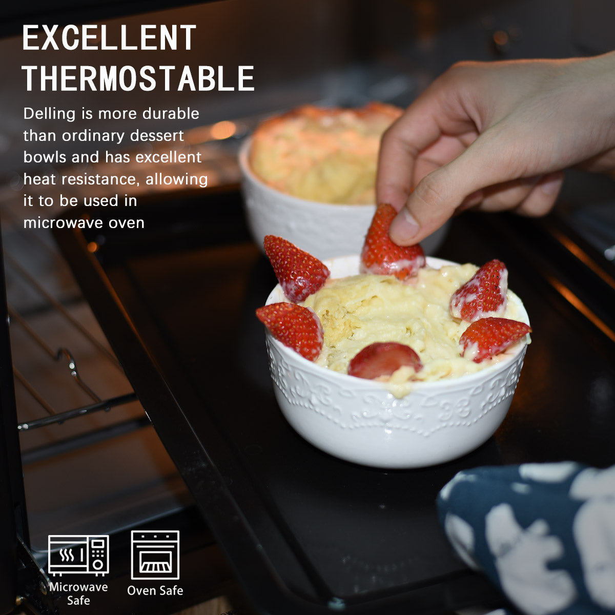 Delling 2018 New Durable Porcelain Bowls with Advance Shatterproof, Thermostable and Refrigerate Design for Cooking, Bake, Cream, Salad, Fruit, Set of 4, 10Oz, White