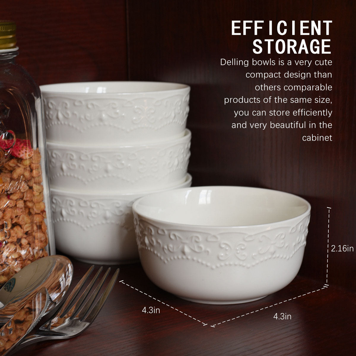 Delling 2018 New Durable Porcelain Bowls with Advance Shatterproof, Thermostable and Refrigerate Design for Cooking, Bake, Cream, Salad, Fruit, Set of 4, 10Oz, White